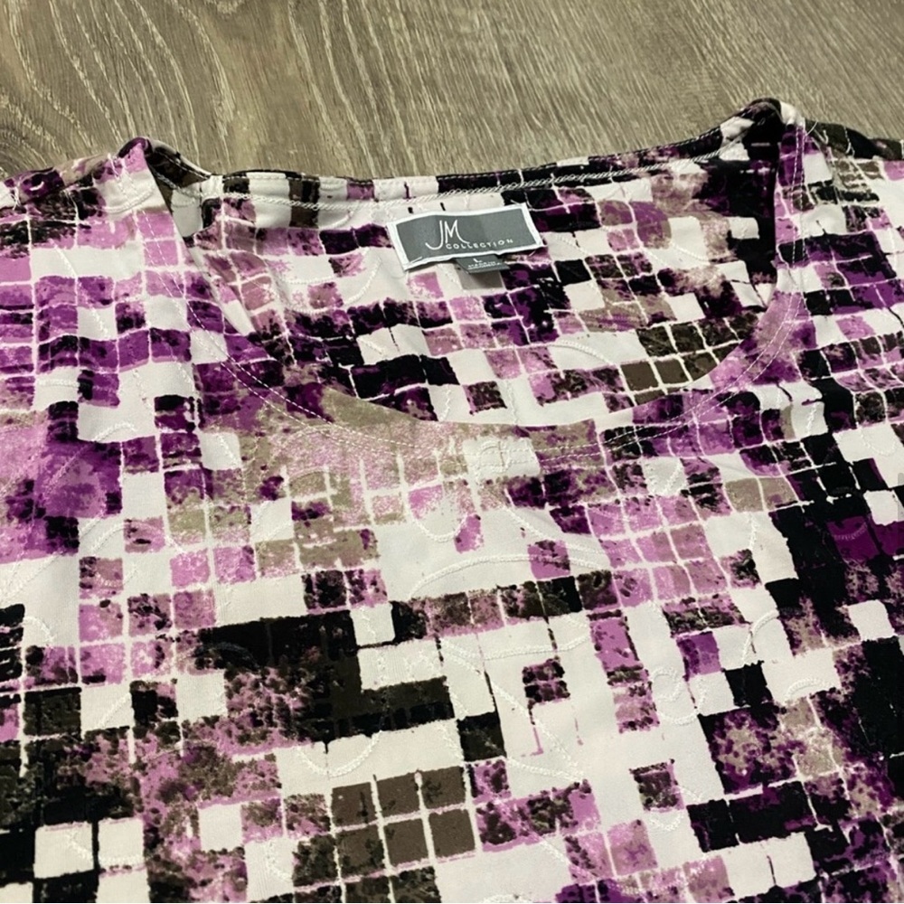 JM Collection Purple Geometric Mosaic Top 3/4 Sleeve Blouse Large - Picture 4 of 4